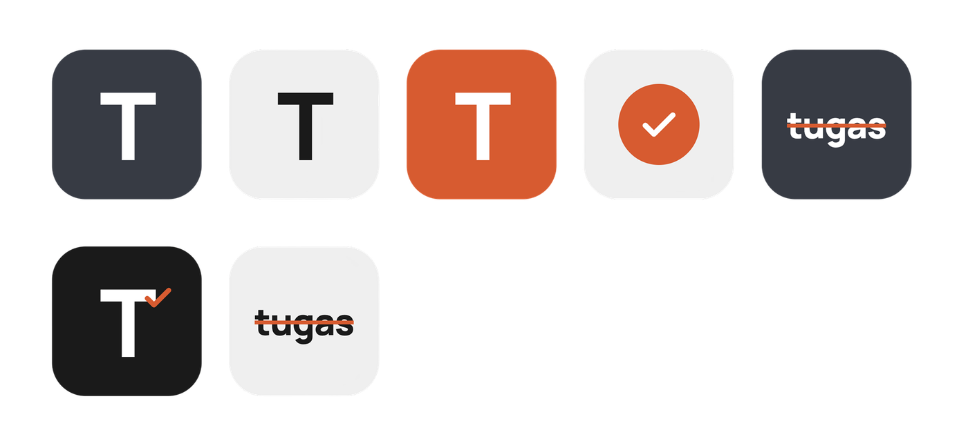 Rows of app icon sketches explored before the final TUGAS icon.